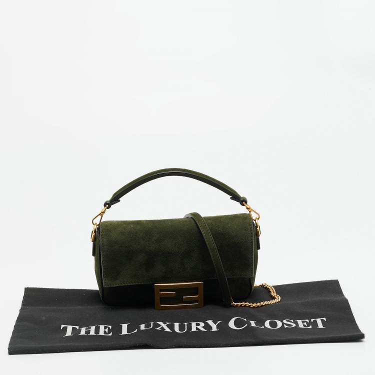 Pre Owned Fendi Baguette Mini Green Suede Shoulder Bag