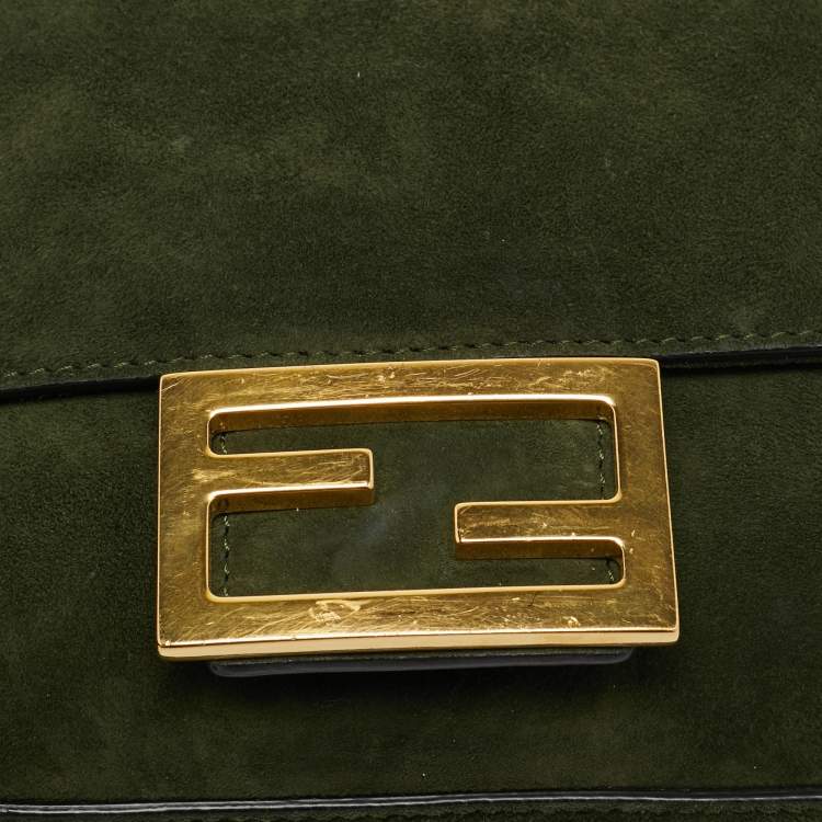 Pre Owned Fendi Baguette Mini Green Suede Shoulder Bag