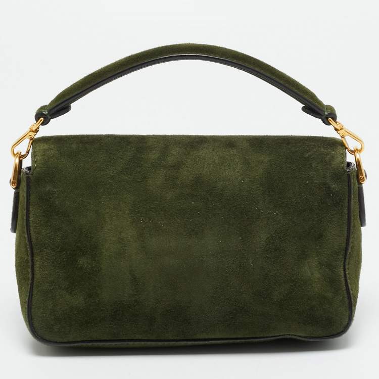 Pre Owned Fendi Baguette Mini Green Suede Shoulder Bag