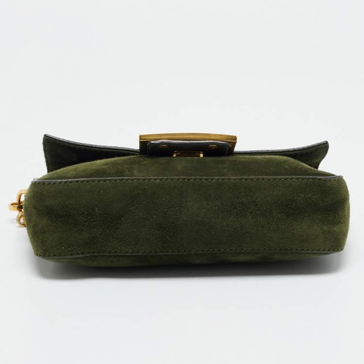 Pre Owned Fendi Baguette Mini Green Suede Shoulder Bag