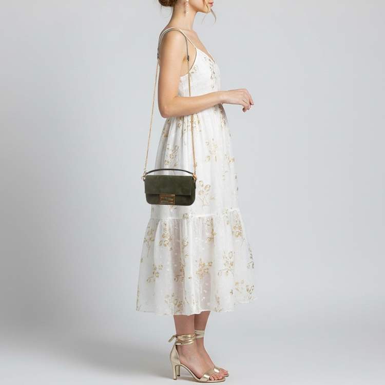 Pre Owned Fendi Baguette Mini Green Suede Shoulder Bag