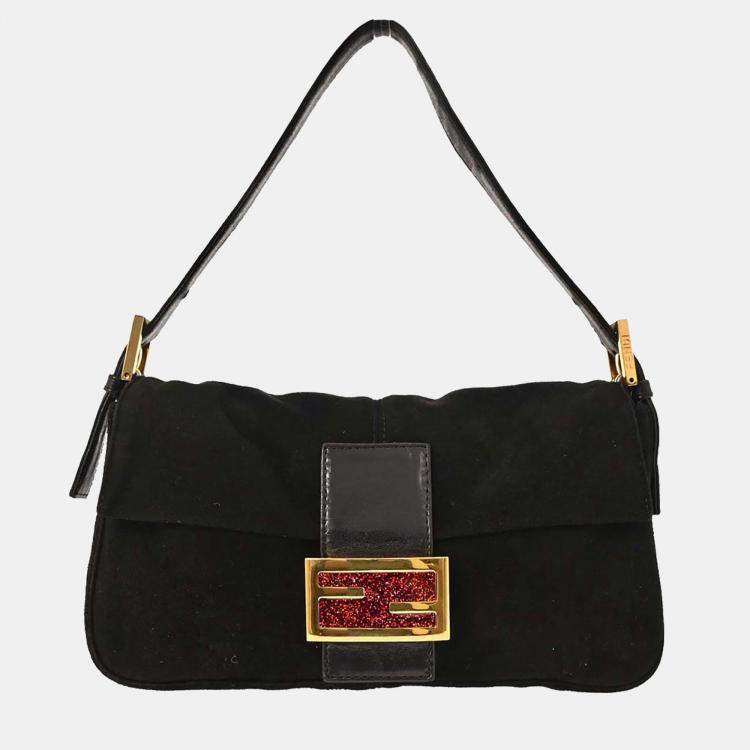 Pre Owned Fendi Black Suede Baguette Handbag