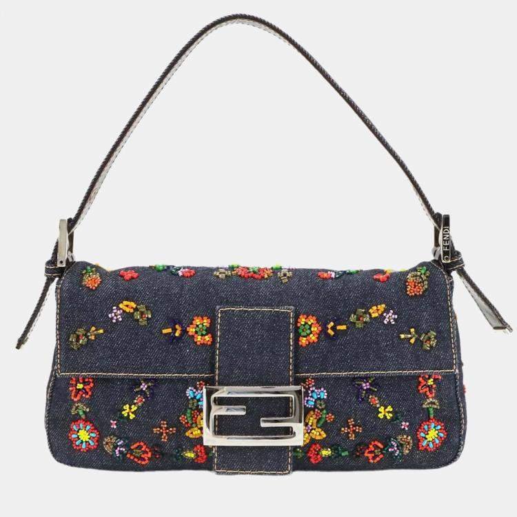 مملوكة مسبقًا Fendi Zucca Mamma Baguette Shoulder Bag In Navy And Multicolor Denim Beaded Embroidery Floral Pattern