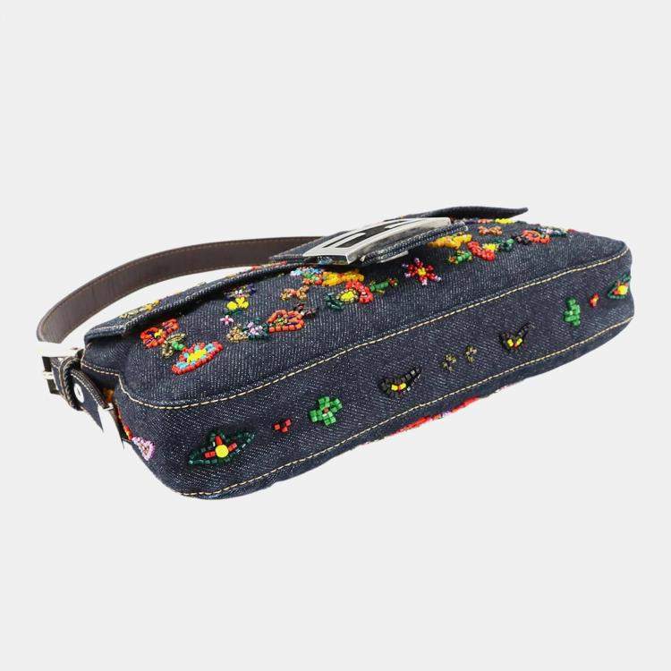 مملوكة مسبقًا Fendi Zucca Mamma Baguette Shoulder Bag In Navy And Multicolor Denim Beaded Embroidery Floral Pattern