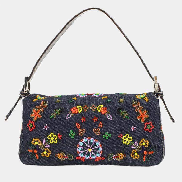 مملوكة مسبقًا Fendi Zucca Mamma Baguette Shoulder Bag In Navy And Multicolor Denim Beaded Embroidery Floral Pattern