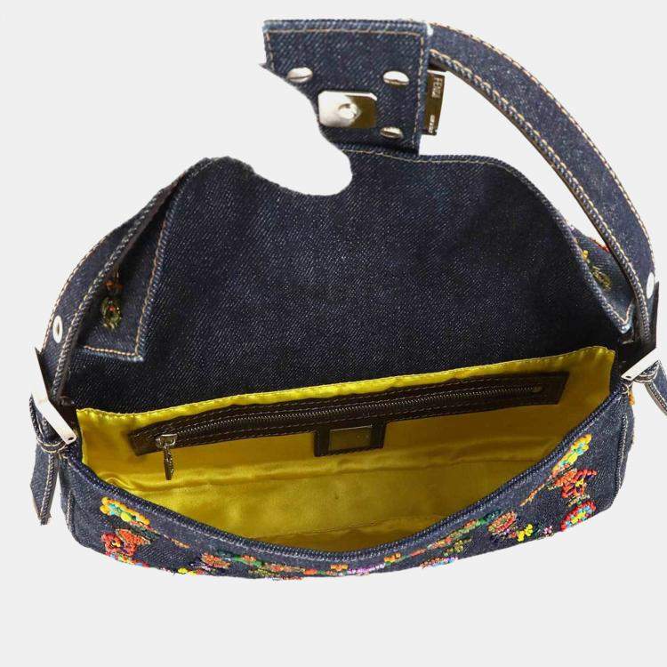 مملوكة مسبقًا Fendi Zucca Mamma Baguette Shoulder Bag In Navy And Multicolor Denim Beaded Embroidery Floral Pattern