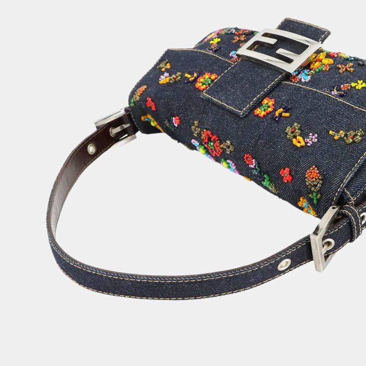 مملوكة مسبقًا Fendi Zucca Mamma Baguette Shoulder Bag In Navy And Multicolor Denim Beaded Embroidery Floral Pattern