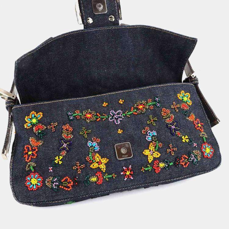 مملوكة مسبقًا Fendi Zucca Mamma Baguette Shoulder Bag In Navy And Multicolor Denim Beaded Embroidery Floral Pattern
