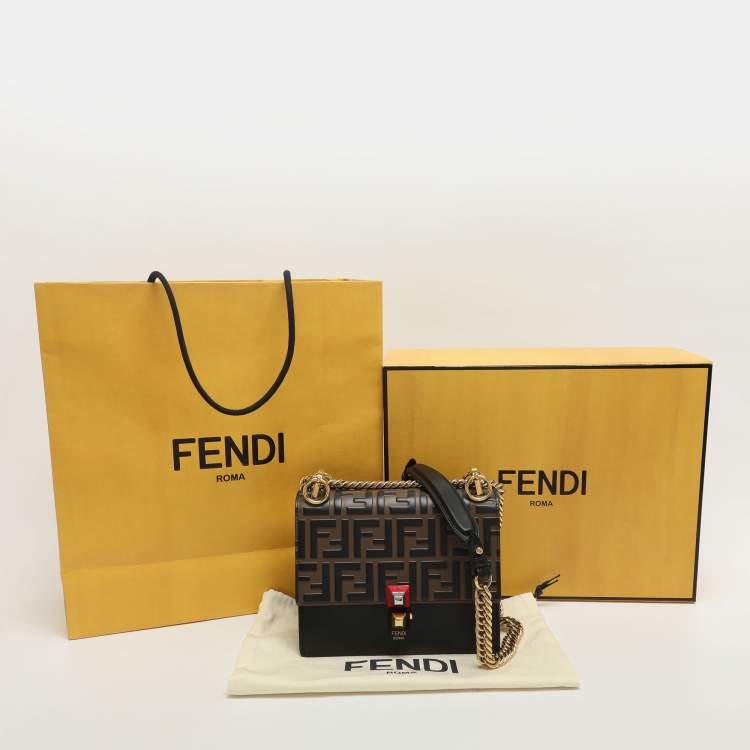 Pre Owned Fendi Kan I Small Black/Brown FF Leather Shoulder Bag