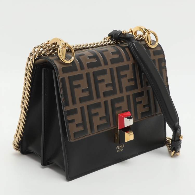 Pre Owned Fendi Kan I Small Black/Brown FF Leather Shoulder Bag