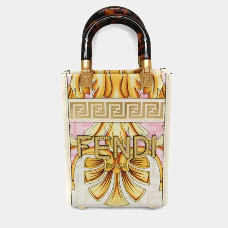 Pre Owned Fendi Fendace Mini Sunshine Shopper Leather Coated Canvas Handbag Gold Pink White