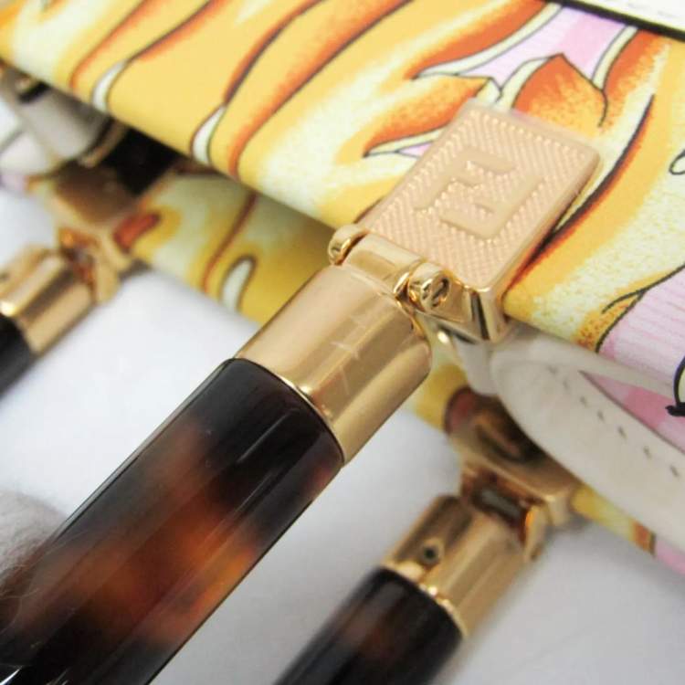 Pre Owned Fendi Fendace Mini Sunshine Shopper Leather Coated Canvas Handbag Gold Pink White