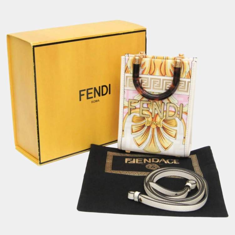Pre Owned Fendi Fendace Mini Sunshine Shopper Leather Coated Canvas Handbag Gold Pink White