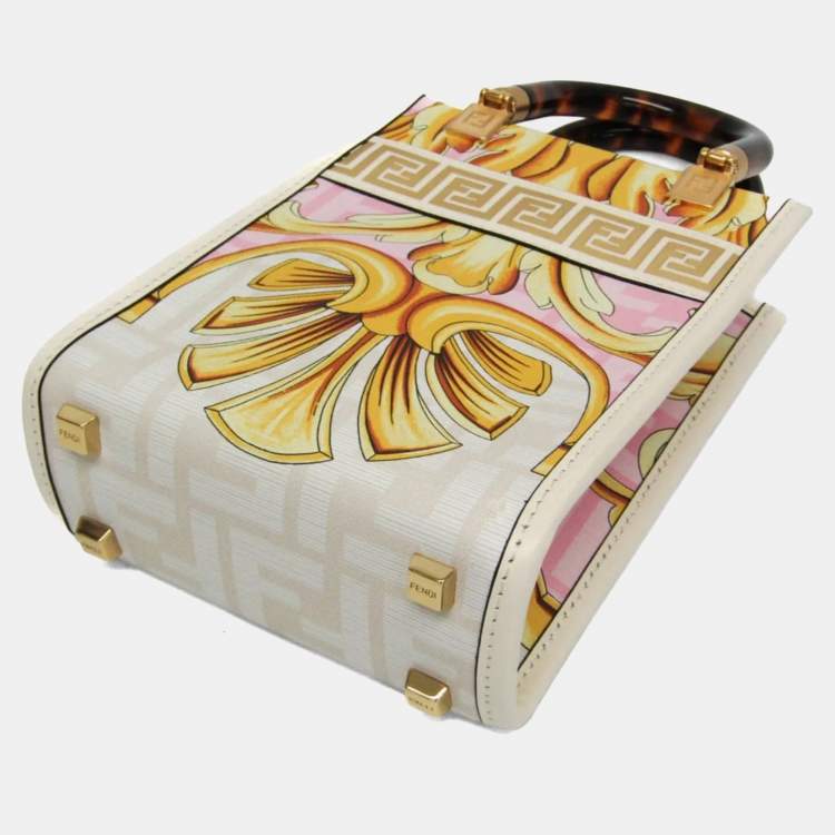 Pre Owned Fendi Fendace Mini Sunshine Shopper Leather Coated Canvas Handbag Gold Pink White