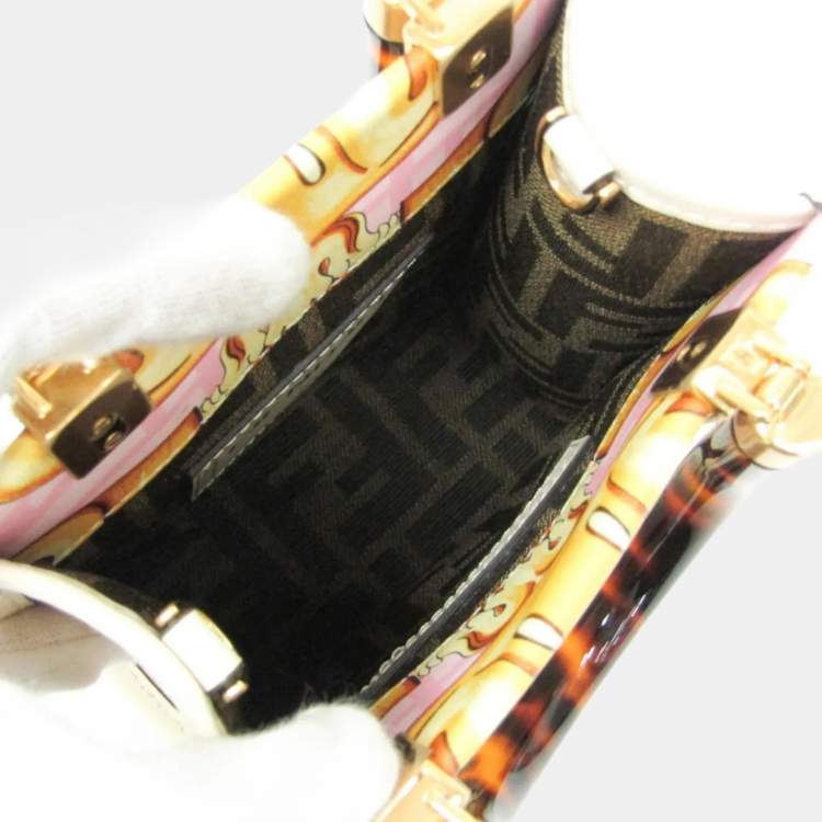Pre Owned Fendi Fendace Mini Sunshine Shopper Leather Coated Canvas Handbag Gold Pink White
