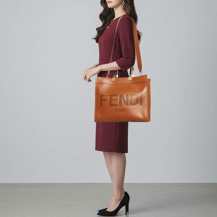 Pre Owned Fendi Sunshine Medium Brown Leather Shopper Tote