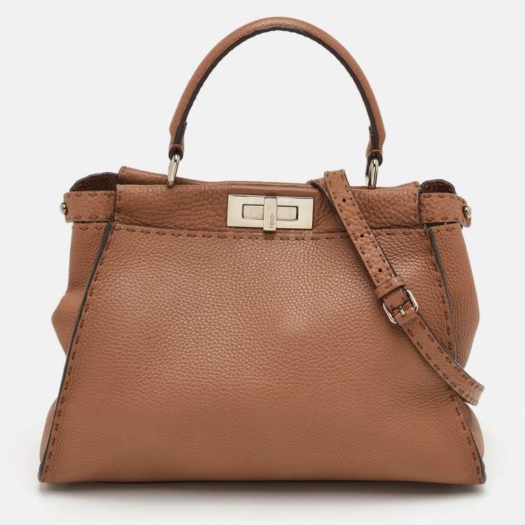 Pre Owned Fendi Peekaboo Medium Brown Leather Selleria Top Handle Bag