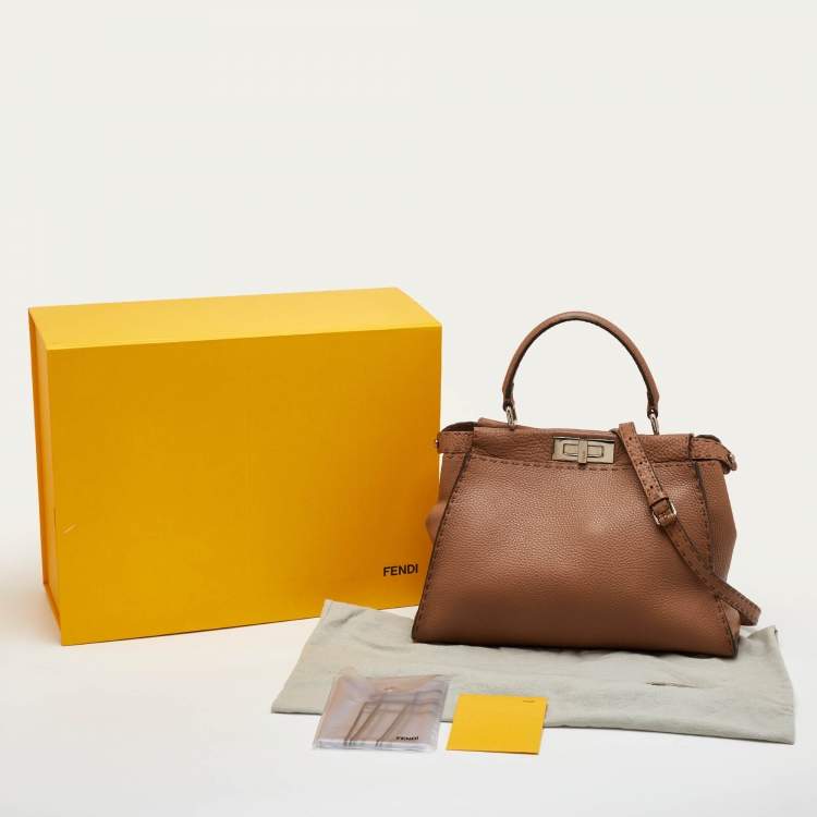 Pre Owned Fendi Peekaboo Medium Brown Leather Selleria Top Handle Bag