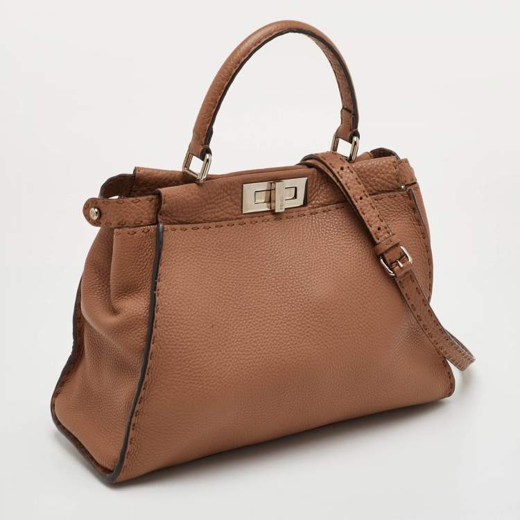 Pre Owned Fendi Peekaboo Medium Brown Leather Selleria Top Handle Bag