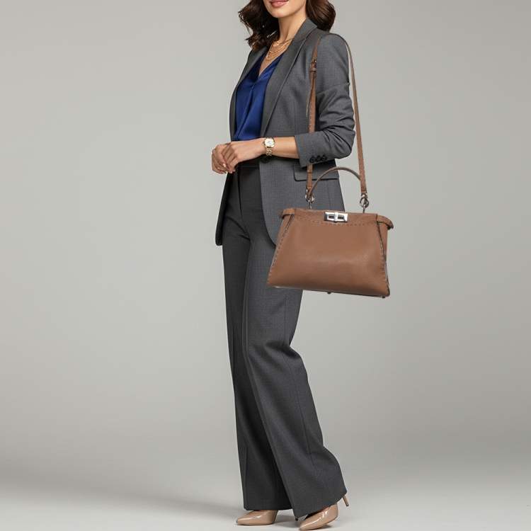 Pre Owned Fendi Peekaboo Medium Brown Leather Selleria Top Handle Bag