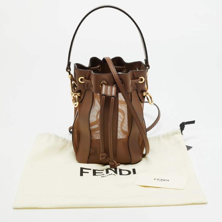 Pre Owned Fendi Mon Tresor Pequin Mini Brown Mesh and Leather Bucket Bag