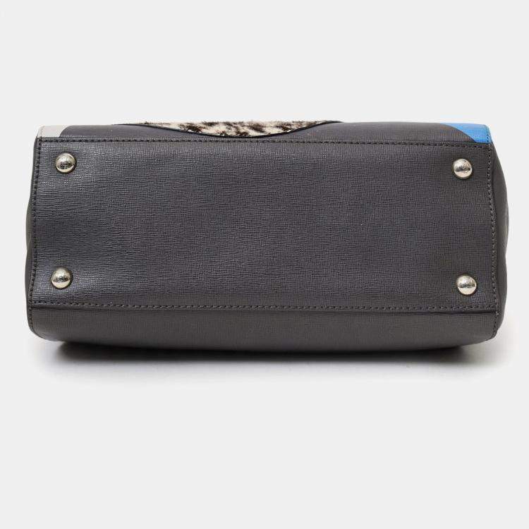 Pre Owned Fendi Grey/Blue Leather Pony Hair Petit Qu Tweet 2Jours Tote