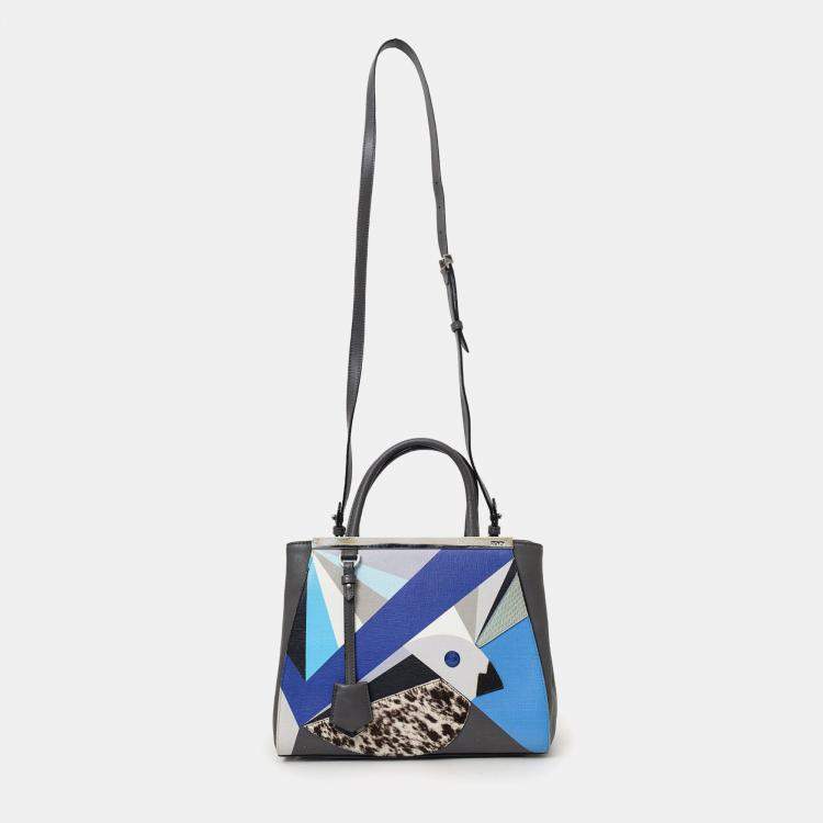 Pre Owned Fendi Grey/Blue Leather Pony Hair Petit Qu Tweet 2Jours Tote