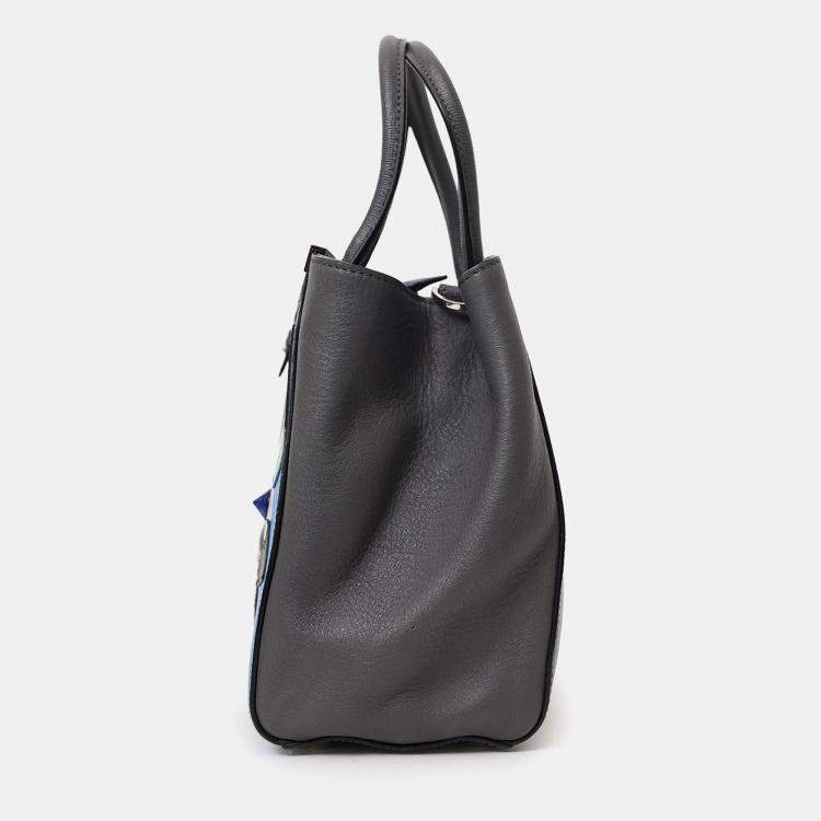 Pre Owned Fendi Grey/Blue Leather Pony Hair Petit Qu Tweet 2Jours Tote