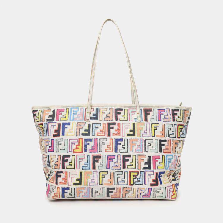 Pre Owned Fendi White/Multicolour Zucca Spalmati Roll Tote