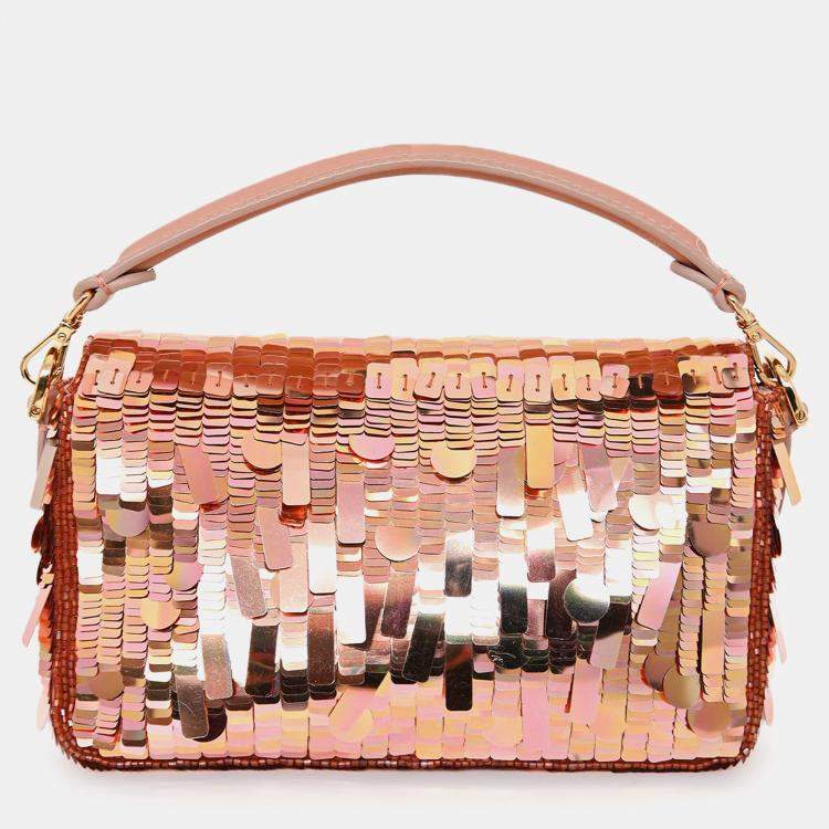Pre Owned Fendi Pink Sequin FF Mini Baguette Bag with Strap