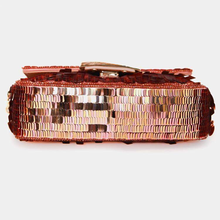 Pre Owned Fendi Pink Sequin FF Mini Baguette Bag with Strap