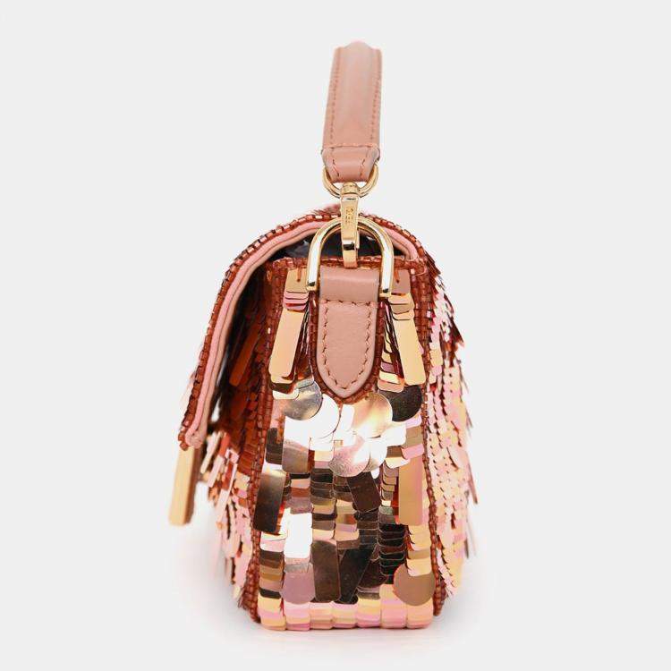 Pre Owned Fendi Pink Sequin FF Mini Baguette Bag with Strap