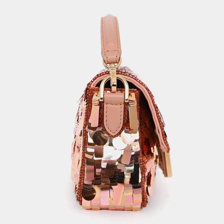 Pre Owned Fendi Pink Sequin FF Mini Baguette Bag with Strap