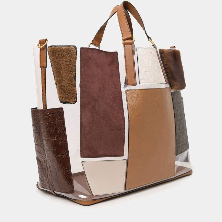 Pre Owned Fendi Brown Vinyl/Leather/Fur Forever Patch Pocket Tote