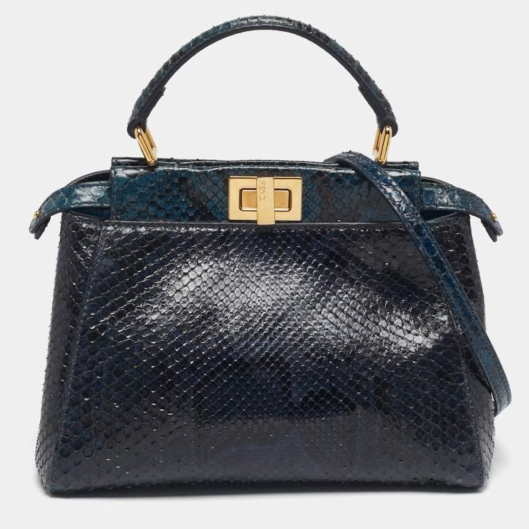 Pre Owned Fendi Peekaboo Navy Blue/Black Mini Python Top Handle Bag