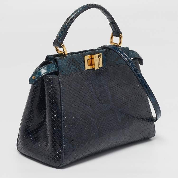 Pre Owned Fendi Peekaboo Navy Blue/Black Mini Python Top Handle Bag