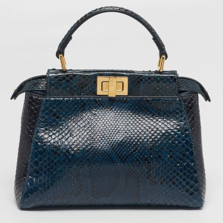 Pre Owned Fendi Peekaboo Navy Blue/Black Mini Python Top Handle Bag