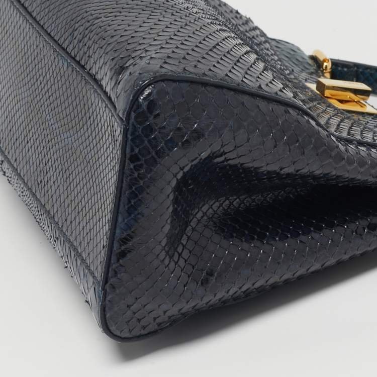 Pre Owned Fendi Peekaboo Navy Blue/Black Mini Python Top Handle Bag