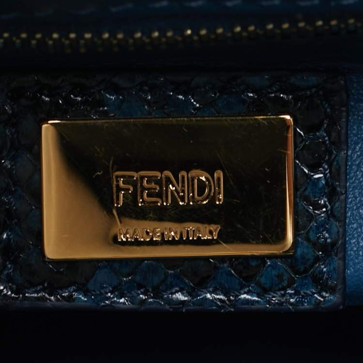 Pre Owned Fendi Peekaboo Navy Blue/Black Mini Python Top Handle Bag