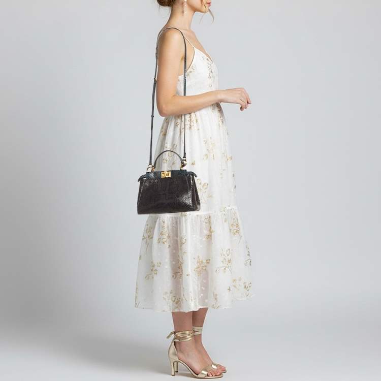 Pre Owned Fendi Peekaboo Navy Blue/Black Mini Python Top Handle Bag