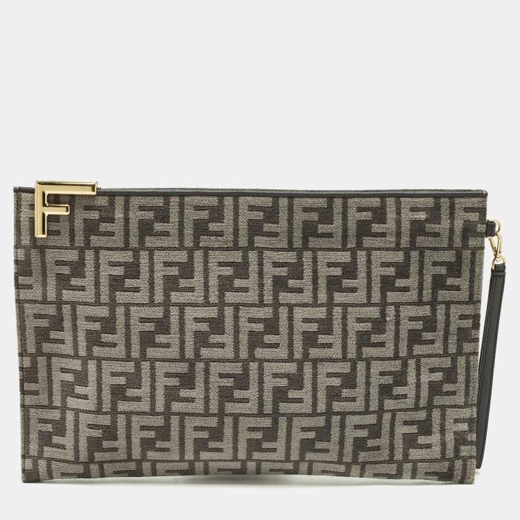 Pre Owned Fendi Logo Zip Grey/Black Zucca Velvet Flat Wristlet Clutch