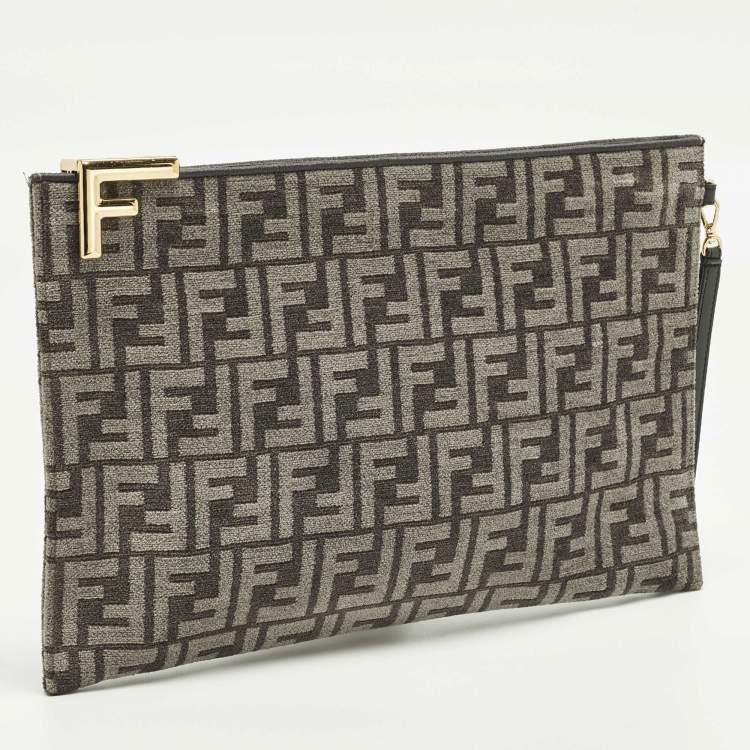 Pre Owned Fendi Logo Zip Grey/Black Zucca Velvet Flat Wristlet Clutch