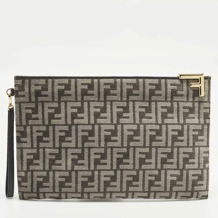 Pre Owned Fendi Logo Zip Grey/Black Zucca Velvet Flat Wristlet Clutch