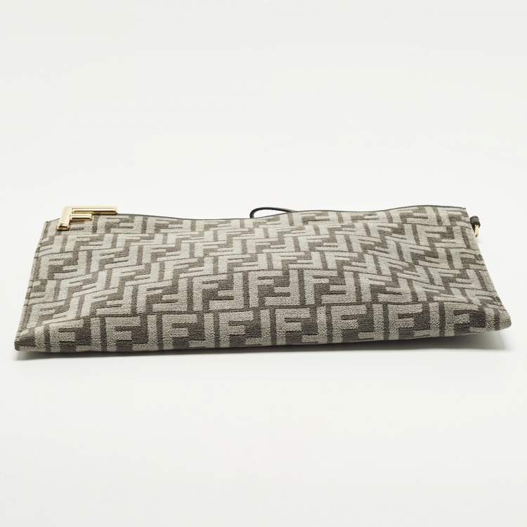 Pre Owned Fendi Logo Zip Grey/Black Zucca Velvet Flat Wristlet Clutch