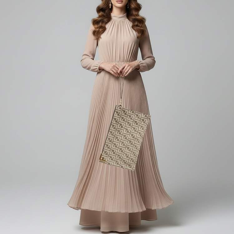 Pre Owned Fendi Logo Zip Grey/Black Zucca Velvet Flat Wristlet Clutch