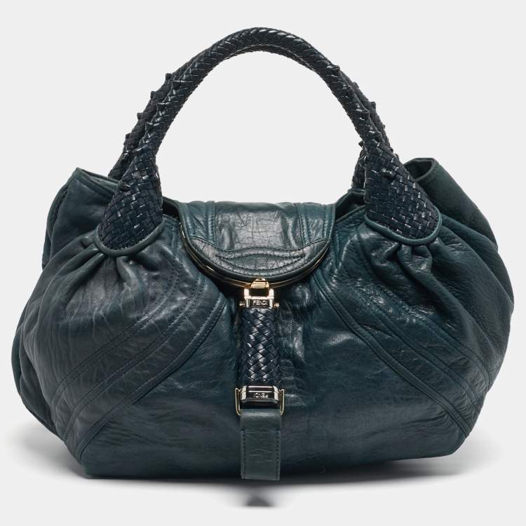 Pre Owned Fendi Spy Dark Green Pebbled Leather Hobo