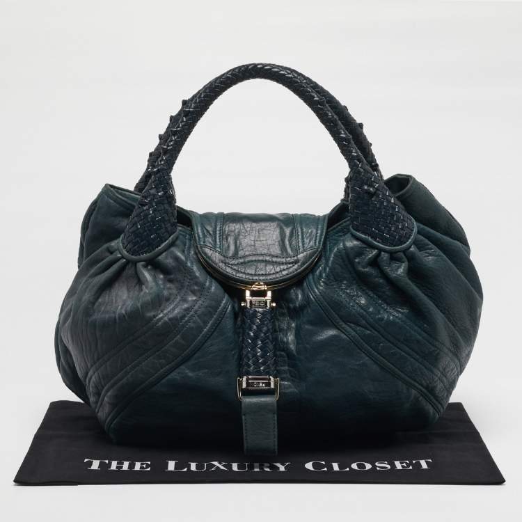 Pre Owned Fendi Spy Dark Green Pebbled Leather Hobo