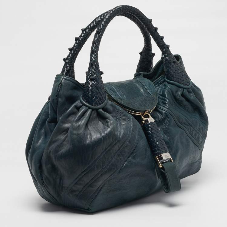 Pre Owned Fendi Spy Dark Green Pebbled Leather Hobo