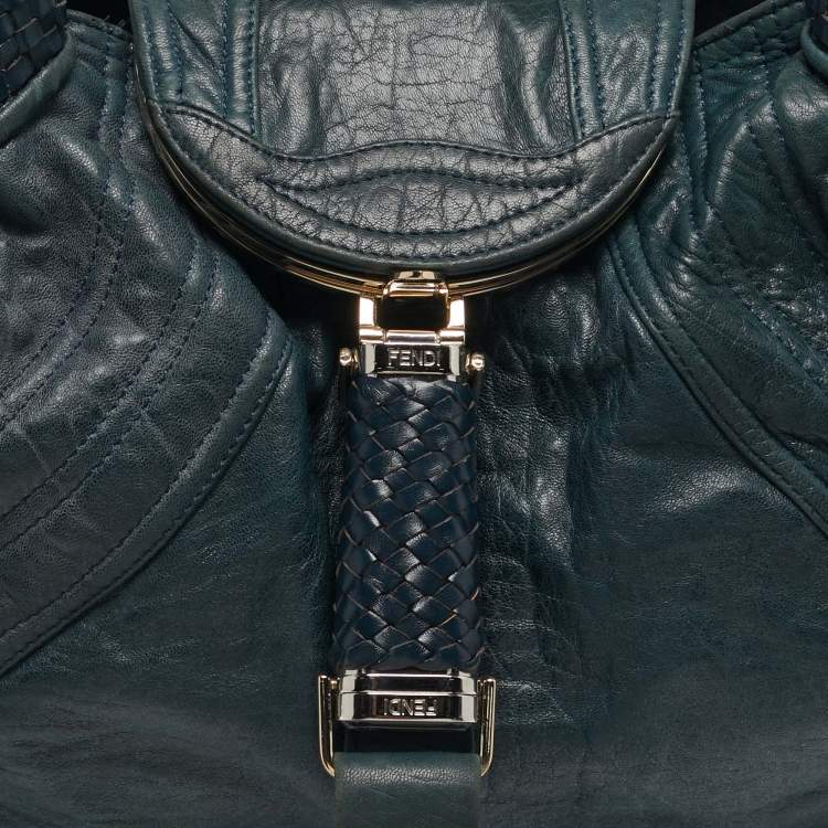 Pre Owned Fendi Spy Dark Green Pebbled Leather Hobo