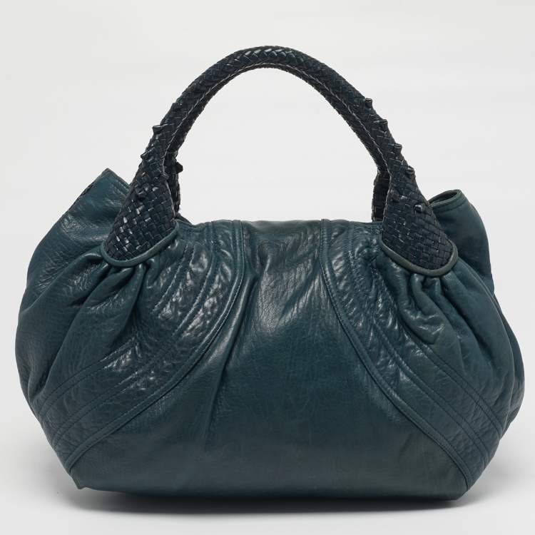 Pre Owned Fendi Spy Dark Green Pebbled Leather Hobo